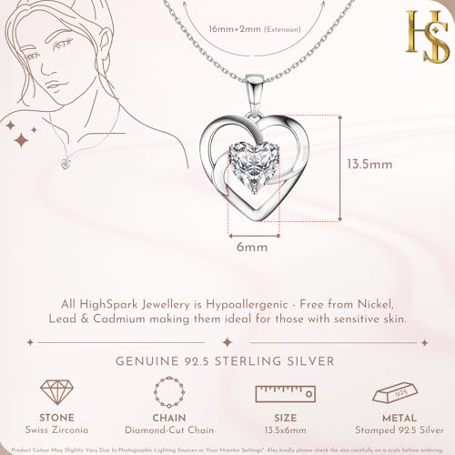 Image of HighSpark 925 Silver Solitaire Heart Pendant | 92.5 Sterling Silver & Diamond-Like Brilliance Sparkling Zirconia | Lovely Gift