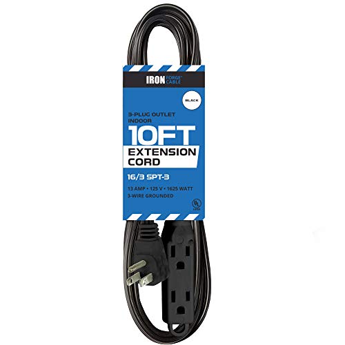 10 Ft Extension Cord with 3 Electrical Power Outlet - 16/3 Durable Black