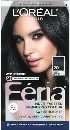 L'Oreal Paris Feria Multi-Faceted Shimmering Permanent Hair Color, 20 Black Leather (Natural Black), Pack of 1 Hair Dye Kit