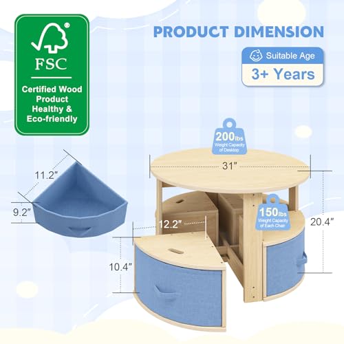Image of EXPERLAM Toddler Table and Chair Set, Round Kids Table and Chairs with Nesting Design, Wooden Activity Table & 4 Storage Drawers Chairs for Daycare Nursery Playroom
