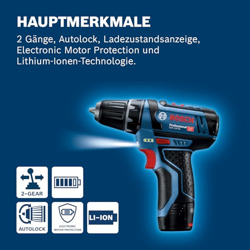 Bosch Professional 12V sistemski akumulatorski vrtalni vijačnik GSR 12V-15 (vklj. baterijo 2x2,0, polnilec, 39-delni komplet pribora, torbo za orodje) - Amazon Exclusive