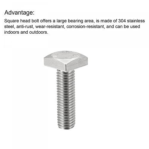 Image of uxcell Square Head Bolt, 10pcs M6x20mm Fully Thread 304 Stainless Steel Grade C Square Machine Screws