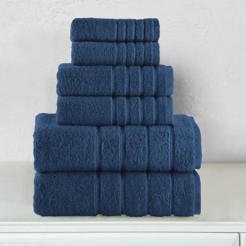 Image of Elegant Comfort 4 Lines Viscose Stripe 6-Piece Premium Towel Set - 100% Turkish Cotton High Absorbent Luxury Bathroom Towels - Includes 2 Washcloths, 2 Hand Towels and 2 Bath Towels Set, Navy Blue