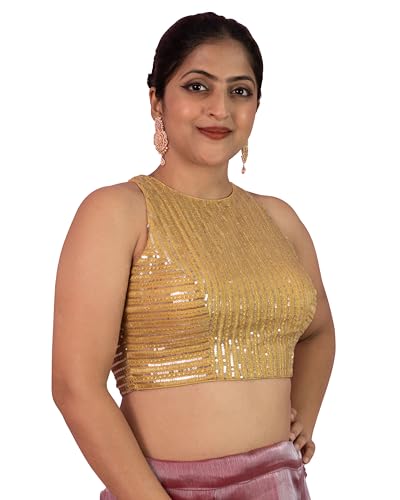 FIGURE'S DESIGNER Women's Sequin Embroidered Round Halter Neck Sleeveless Readymade Saree Blouse E2