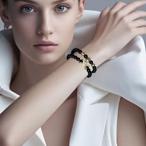 Skull Bracelet for Men, Halloween Bracelets, Cross Bone Skeleton Bracelet for Women Fashion, Gothic String Bracelet, Goth Bracelets Punk Black Beaded Bracelet Natural Stone Beads Bracelet Healing Crystal Stretch Friendship Elegant Jewelry Gifts4