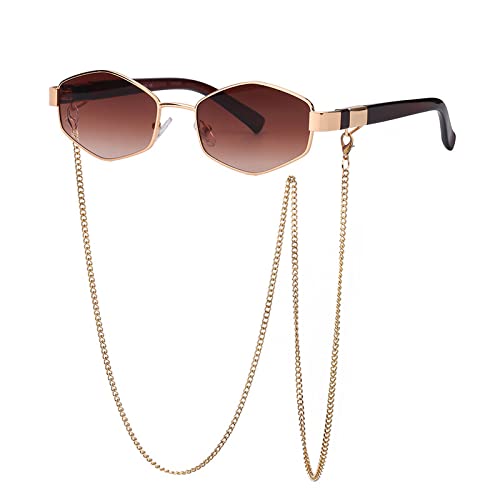 Retro Hexagon With Chain Sunglasses Women Unique Polygon Sun Glasses For Female Small Frame