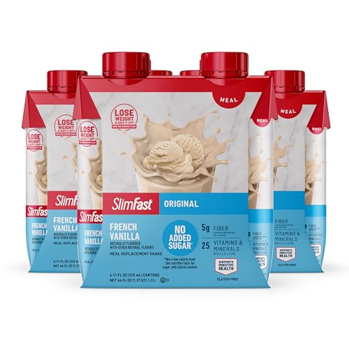 SlimFast Meal Replacement Shake Original French Vanilla No Added Sugar Meal Replacement Shakes 10g Ready to Drink Protein 5g Fiber 25 Vitamins and Minerals 11 Fl. Oz 12 Count