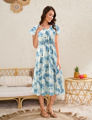 Image of Bridesmay Womens Summer Floral Midi Dresses Ruffle Sleeve Beach Wedding Guest Dress V Neck Swing Flowy Dresses