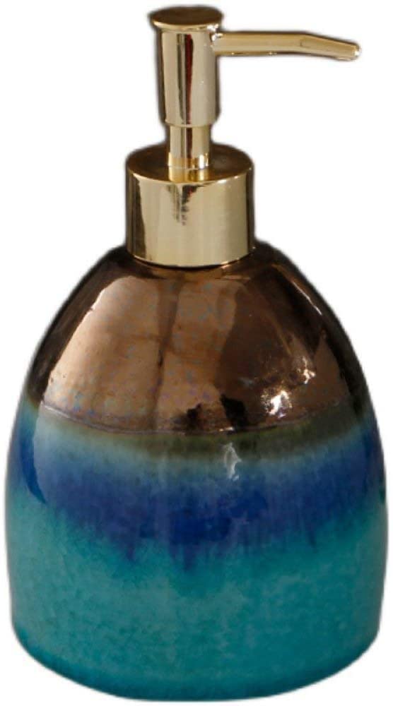 Art - Dispensador de jabón para baño, cocina, hotel, dispensador de jabón para baño, diseño retro de rayas degradadas verde azulado, botella de loción de cerámica, dispensador de jabón de