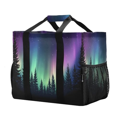 Large Waterproof Travel Tote Bag for Women Men, Aurora Borealis Forest Galaxy Canvas Beach Bag with Lining & Pockets - Reusable Grocery/Laundry/Kitchen/Pool/Picnic Tote (15.4x9.8x12.8in)2