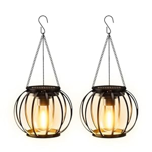 Solarlampen für Außen Hängend, 2 Stück Metall Solar Laternen für Draußen mit Größer LED-Glühbirne, IP65 Wasserdicht Solarleuchten Gartendeko mit Haken und Kette für Terrasse Rasen Balkon Hof