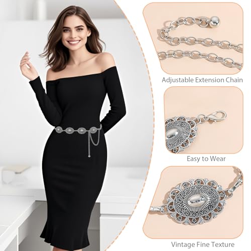 Western Concho Chain Belt for Women Boho Metal Belts For Country Concert Dresses Jeans Cowgirl Vintage Waist Belt3