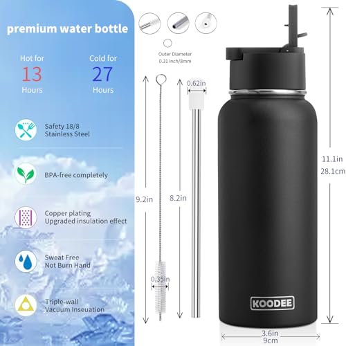 Image of Koodee 32 oz Water Bottle with Wide Handle Straw Lid, Vacuum Insulated 18 /8 Stainless Steel Wide Mouth Flask (Black)