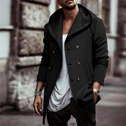 Mens Classic Pea Coat Hoodie Notched Collar Double Breasted Slim Fit Winter Warm Trench Coats for Men with Hood3