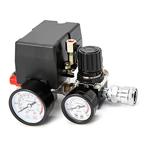 QWORK Air Compressor Pressure Switch Control Valve, 90-120PSI Pressure Regulator with Pressure Gauges Fittings Set Cover