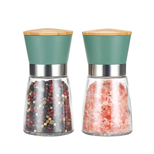 Vucchini Lot de 2 Moulins à Sel et Poivre avec Noyau en Céramique Cannelle,Grossièreté Réglable,Vert,Bambou,Anniversaire de Cuisine à Domicile