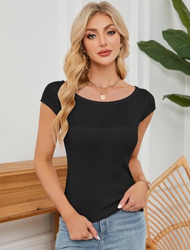 Image of ZAFUL Womens Summer Tops 2025 Off The Shoulder Cap Sleeve Ribbed Knit Trendy Slim Fit Going Out Shirts Lightweight Sweaters