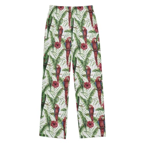 Parrot Hibiscus Flowers Boys Long Pants Soft Trousers Elastic Waist Kids Lounge Bottoms with Pockets S-XL