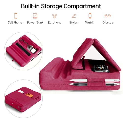 Image of Tablet Pillow Stand with Storage, Foldable iPad Holder for Lep, Bed, Sofa, and Desk - Soft Pad Dock with Pocket and Stylus Mount Compatible with 4-13 inch iPad Pro /Air /Mini, Galaxy Tab, Kindle (Red)