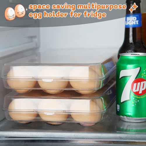 Egg holder for fridge - deviled egg containers with lid, Clear Stackable Plastic Egg Holder, Space-Saving 18 Egg refrigerator Organizer (Clear, Pack of 02)