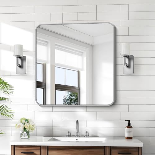 Image of KOCUUY Silver Bathroom Mirror, 30x30 Inch Bathroom Mirror for Over Sink, HD Tempered Glass, Anti-Rust Brushed Silver Frame, Rounded Corner Modern Design for Bathroom, Hang Horizontal /Vertical