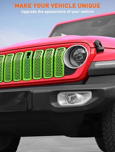 Image of Savadicar Front Grill Inserts with Camera Slot for 2024+ Jeep Wrangler JL JLU 4XE & Gladiator - Elevate Your Wrangler's Aesthetics with Mesh Grille Cover Guard, Exterior Trim Accessories, 7PCs, Green