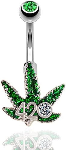 Pierce2GO 14G Belly Button Rings Surgical Steel Weed Marijuana 4/20 Belly Button Ring with CZ Stone - Belly Piercing for Women – 7/16”