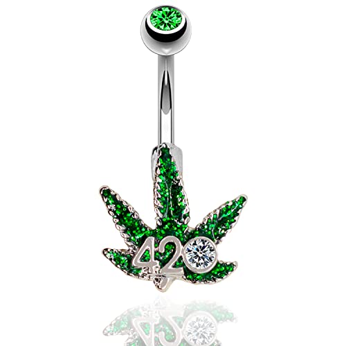 Pierce2Go 14G Belly Button Rings Surgical Steel Weed Marijuana 4/20 Belly Button Ring With Cz Stone - Belly Piercing For Women – 7/16” #TOP1