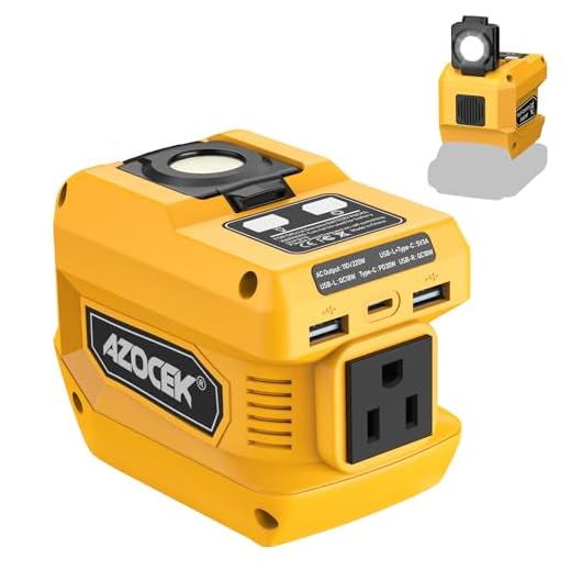 Azocek 220W Power Inverter Compatible with Dewalt 20V Battery, DC 20V to AC 110V Portable Power Station with 1 AC Outlet, 2 USB Ports & 1 Type-C Fast Charging, 400LM LED Work Light
