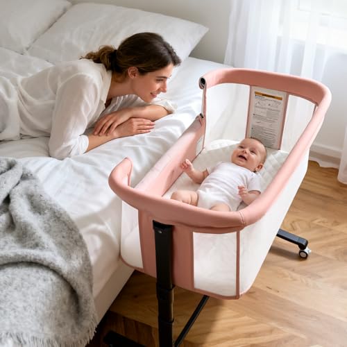 Kinder King Baby Bassinet Bedside Sleeper, Adjustable Heights, Pink