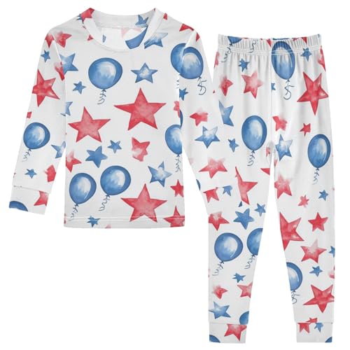 Fustylead Watercolor 4th Of July Memorial Day Cotton Pajamas, Snug Fit Long Sleeve Soft Sleepwear Pjs