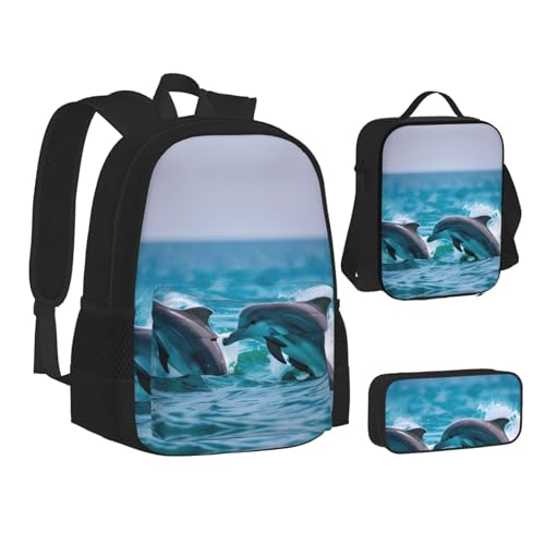 Dolphins In The Sea 3-Piece Set Backpack, Lunch Bag, And Pencil Case, Casual Cute Sets For Travel And College2