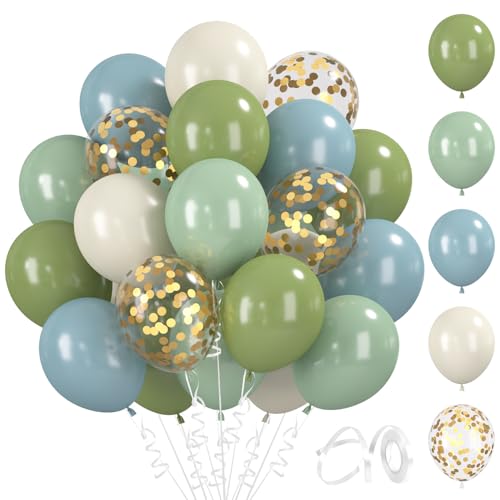 BlooMoo 60 Stück Luftballons Blau Grün, 12 Zoll Latex Luftballons Blau Grün Weiß, Konfetti Ballons, Party Ballons Set, für Geburtstag Hochzeit Party Dekoration