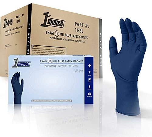 1st Choice Exam 14 Mil Blue Latex Gloves, Powder Free, Textured, Disposable, Non-Sterile, Size Large, Case of 500, 1EBLL