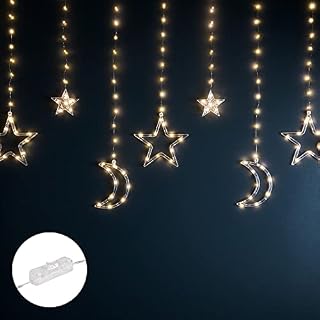 Lights4fun Christmas Indoor Star and Moon Curtain Light Window Decoration with 128 Warm White Micro LEDs Plug in