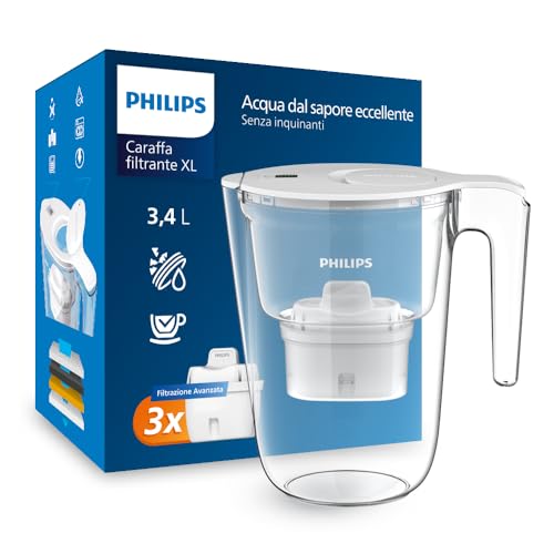 Philips Water XL Filtro caraffa + 3 cartucce filtranti di ricambio, Filtrazione Avanzata, flusso rapido, timer elettronico, filtra CLORO, CALCARE, METALLI PESANTI e MICROPLASTICHE, BIANCO, 3.4 litri