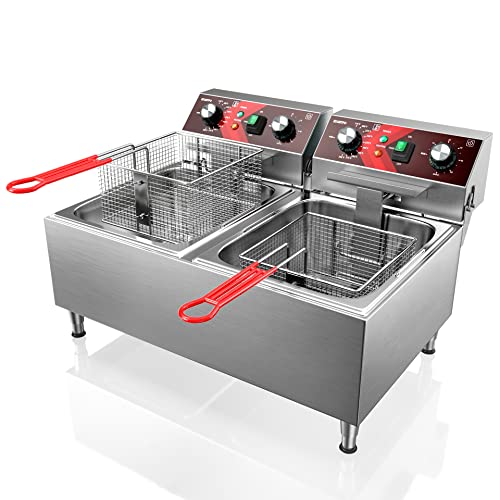 Deep Fryers Stainless Steel Commercial Deep fryer with Timer Dual Tank Electric Deep Fryer with 2 Baskets Large Capacity 10L X 2 Electric Countertop Fryer for Restaurant and Home, 120V 3600W
