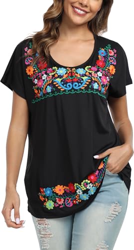 Mexican Shirts for Women Embroidered Tops Peasant Blouses Floral Traditional Summer Boho Tunic Short Sleeve Shirts2