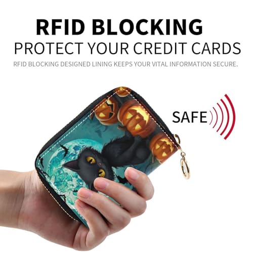 Halloween Pumpkin Black Cat Credit Cards Holder Purse for Women with Zipper,Leather Business Card Wallets for Ladies202a05922