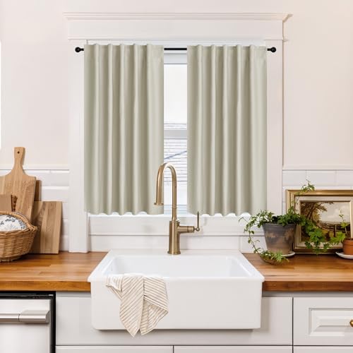 Image of RYB HOME 100% Blackout Short Curtains for Small Window, Thermal Insulated Noise Reducing Back Tab Curtains for Nursery Bathroom Basement, 34 inches Wide by 45 inches Long, Natural