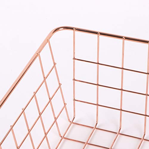 Fvstar 2pcs Wire Storage Basket Farmhouse Metal Household Container Storage Organizer Bin Divider with Handle for Pantry,Shelf,Countertop,Refrigerator,Freezer,Kitchen,Bathroom (Small, Rose Gold)
