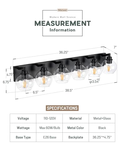 Image of Bathroom Light Fixtures, 6 Light Matte Black Vanity Light, 38 Inch Modern Wall Sconces with Globe Clear Glass Shade, Vanity Lighting Fixtures Over Mirror, VL195-MB-6