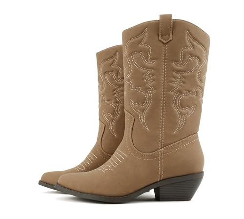 Image of Soda inchTELLER inch ~ Women's Western Cowboy Boots with Stitched Detailing, Pointed Toe, and Low Block Heel