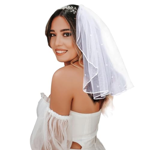 AWOCAN Braut Hochzeit Schleier Frauen kurze Hochzeit Schleier Strass Perle Brautschleier Braut Stirnband Dekoration für Hochzeit Party (weiß-B)