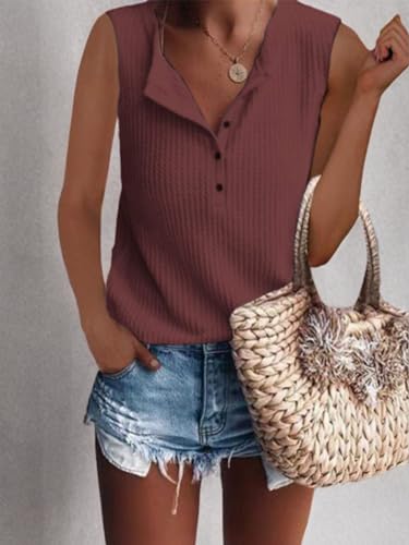 Famulily Women's Flowy Waffle Knit Tank Tops Loose Button Up V Neck Henley Shirts4