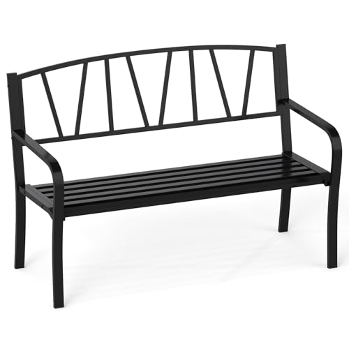 FANTASK Gartenbank Metall, 128 x 60 x 86 cm, Parkbank für 2-3 Personen, Gusseisenbank mit Rückenlehne und Armlehnen, Metallbank, Langlebig, Leicht zu reinigen