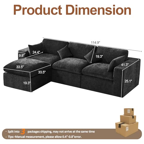 Image of 115''Cloud Boneless Sectional Couch, Modular Sectional Sofa Deep Seat with Ottoman, Oversized Upholstered Convertible Comfy 4 Seater Chenille Sofa L Shape Couches for Living Room, Dark