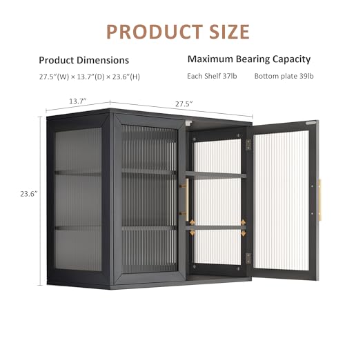 Black Glass Display Wall Storage Cabinet, Wall-Mounted Bathroom Cabinet with Adjustable Shelves, Modern Floating Storage for Kitchen/Dining/Laundry - Image 4