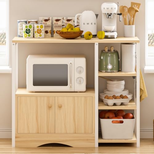 La Mejor Selección de Gabinetes para Cocina Pequeña los más recomendados. 45 GM Bear Alacena de Almacenamiento Metalico, Gabinete de Cocina de 3 Niveles, Estantes Organizadores con 5 Ganchos, Anaqueles para Microondas, Mueble Organizador Multiusos para...
