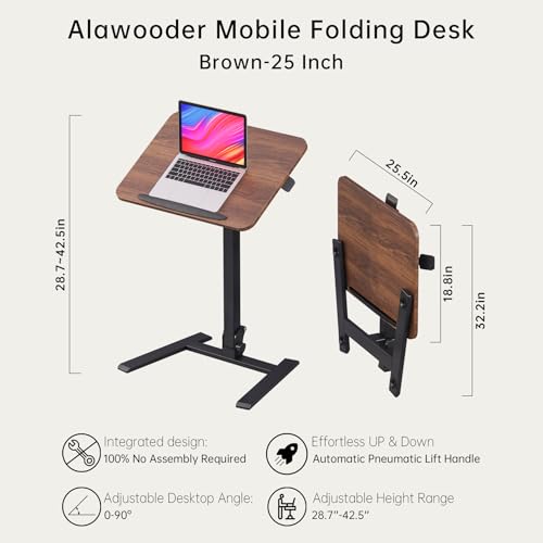 Image of alawooder 25 inch Mobile Folding Desk: Pneumatic Sit-Stand, No Assembly | 29-42 inch Height Adjustable Rolling Laptop Desk, Hidden Wheels, 0-90 Tilt Top. Ideal for Home Office, Craft & Study.